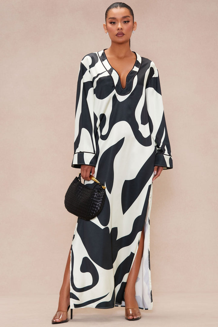 Robe Maxi Kaftan Satin Valentina - Noir/Blanc