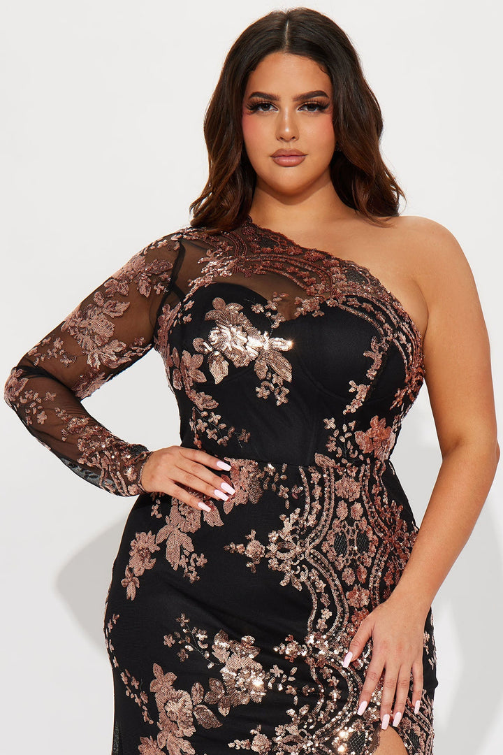 Robe à Paillettes à Manches Longues All Nighter - Noir/Rose Doré