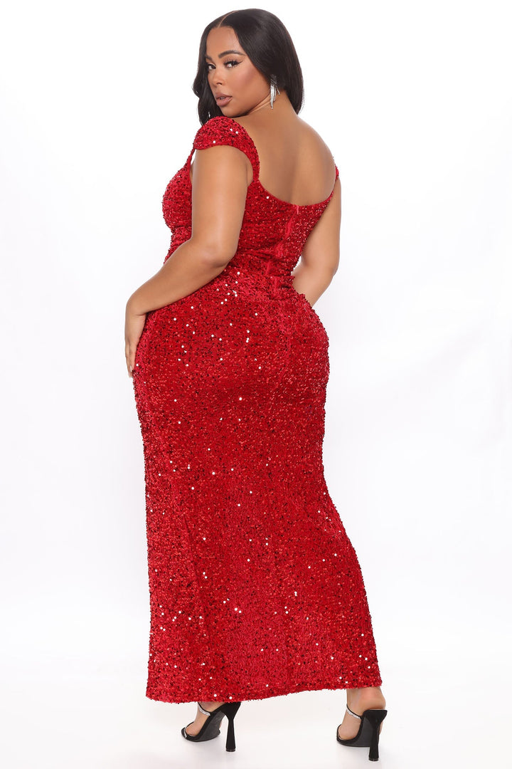 Robe Maxi en Velours à Paillettes Lumineuses - Rouge